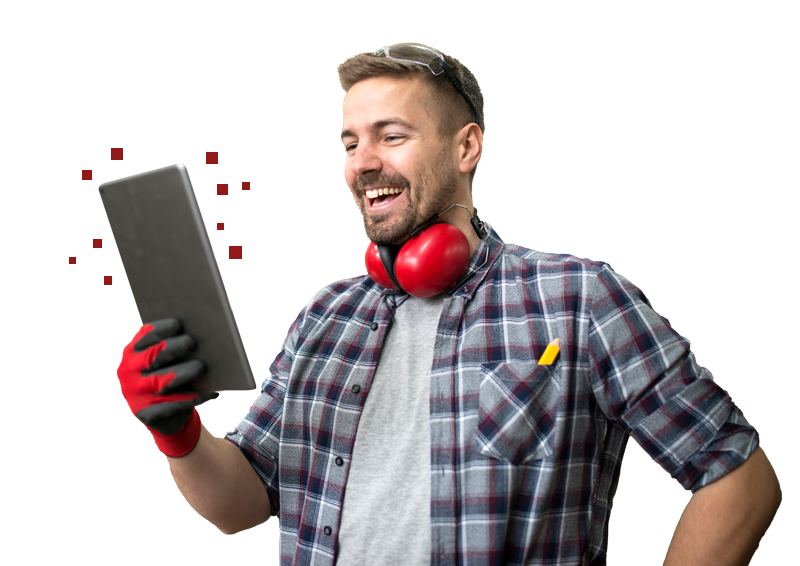 Handwerker nutzt Tablet in der Werkstatt für digitale Prozesse