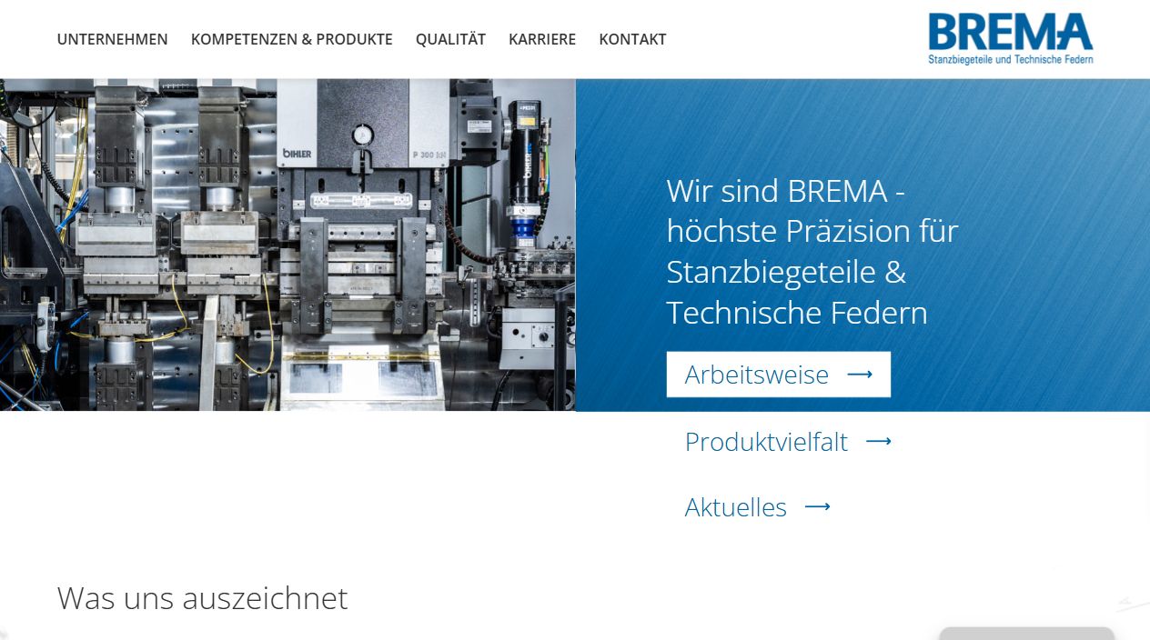 Website von BREMA Werk mit Industrie- und Printbezug