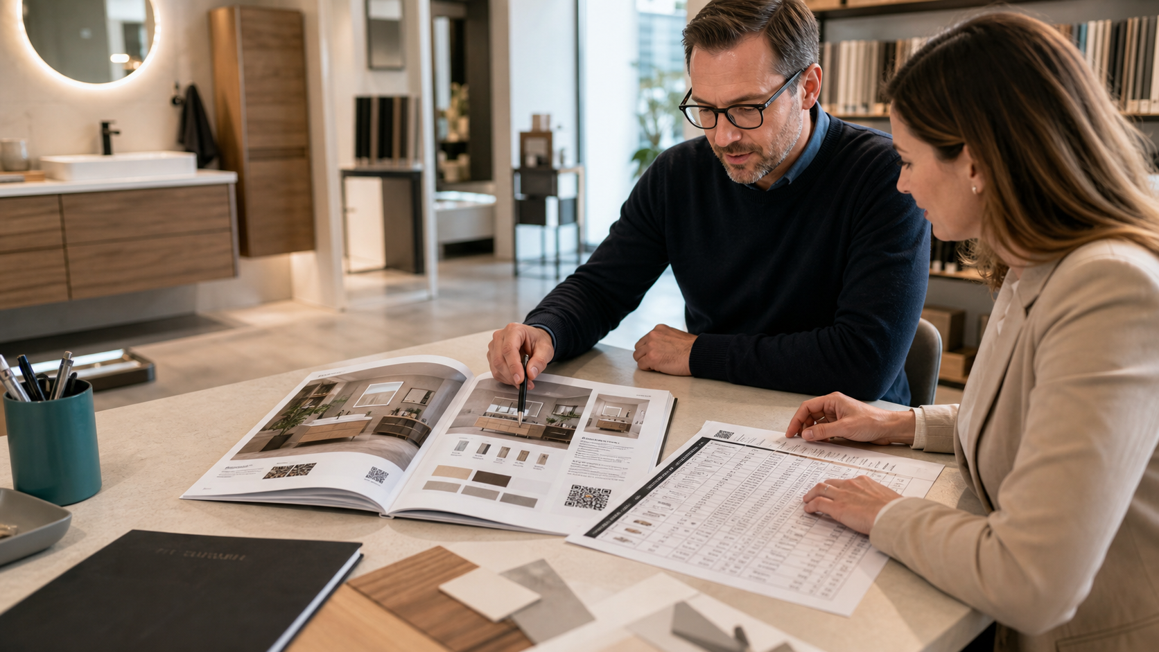 Beratungssituation im Badmöbel-Showroom mit Katalog und Preisliste