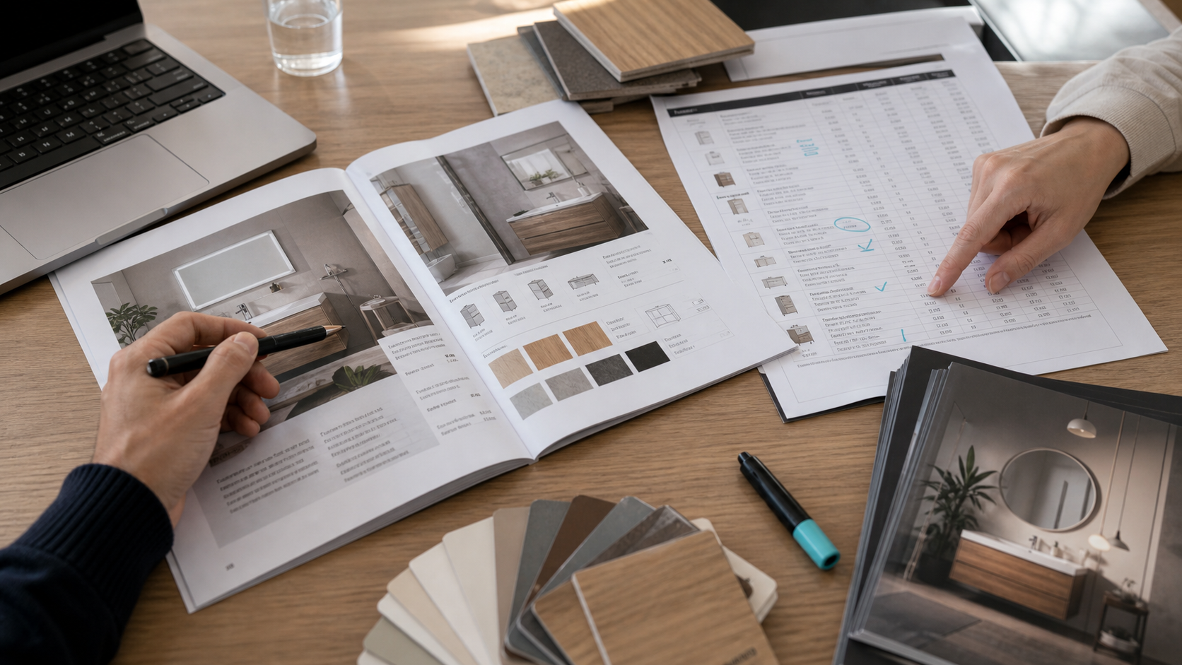 Detailaufnahme von Katalog Preisliste und Materialmustern auf einem Schreibtisch