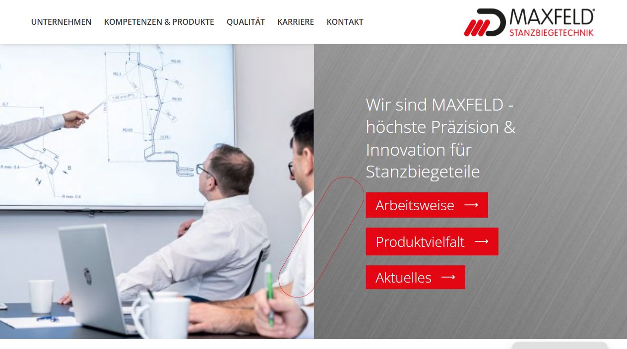 Website von MAXFELD mit klarem Unternehmensauftritt Website von MAXFELD mit klarem Unternehmensauftritt